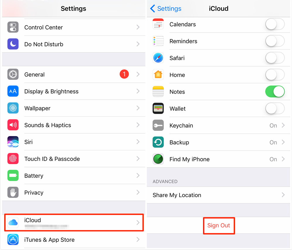 Отключите iCloud на iPhone - для iOS 10.2 или более ранней версии