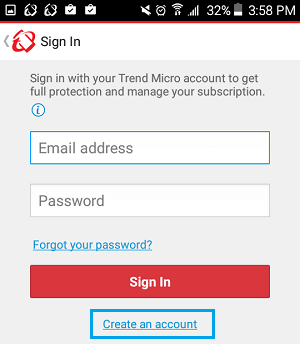 Зарегистрируйтесь в учетной записи Trend Micro на Android
