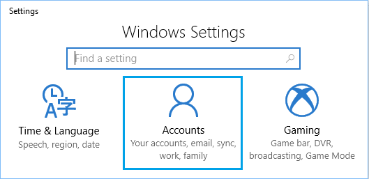 Параметр учетных записей на экране настроек Windows 10