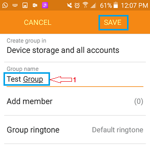 Укажите название контактной группы на телефоне Android