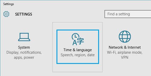 Параметр времени и языка на экране настроек Windows