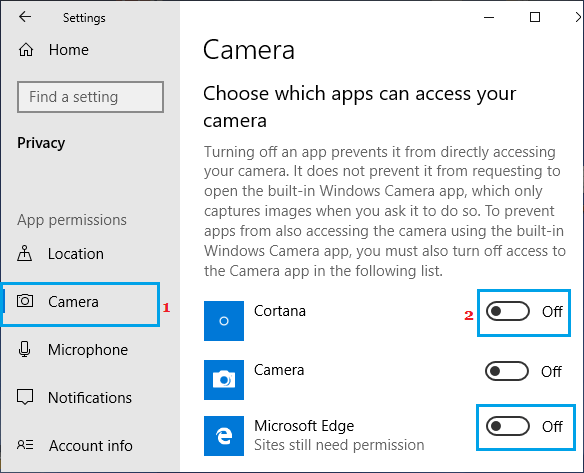 Запретить определенным приложениям доступ к камере в Windows