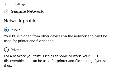 Выберите общедоступную или частную сеть в Windows 10