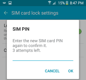 Всплывающее окно подтверждения нового PIN-кода SIM-карты на телефоне Android