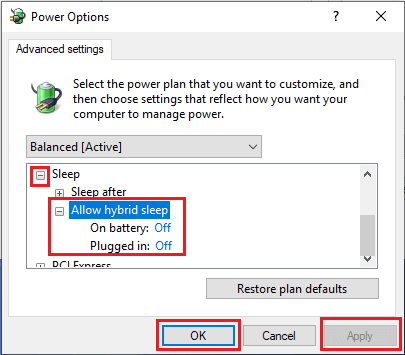 Отключить гибридный спящий режим в Windows 10