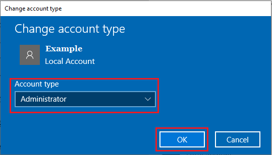 Измените тип учетной записи на Admin на ПК с Windows