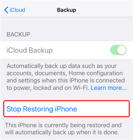 Выберите «Прекратить восстановление iPhone».