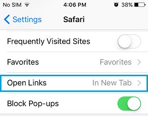 Открыть опцию ссылок в настройках Safari на iPhone