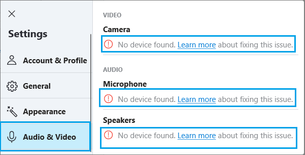 Сообщения об ошибках Skype на экране аудио и видео