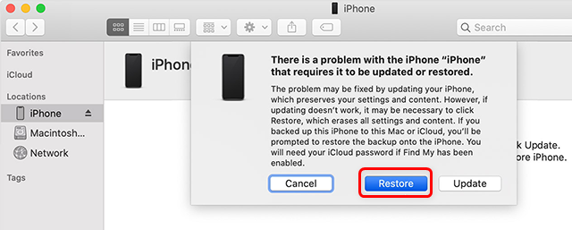Восстановите iPhone с помощью iTunes или Finder