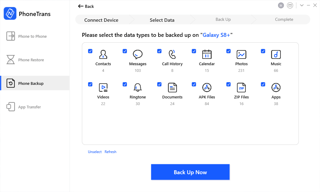 Выберите данные, которые вы хотите сделать резервную копию с Samsung