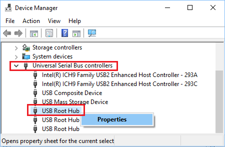 Параметр свойств корневого концентратора USB в Windows 10