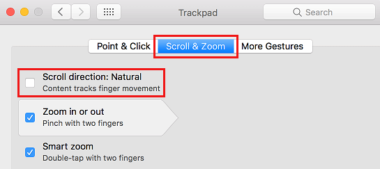 Снимите флажок Естественное направление прокрутки для трекпада на Mac