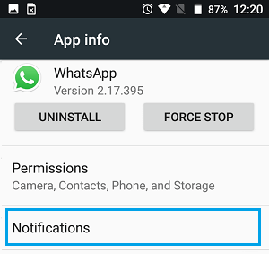 Опция уведомлений на экране информации о приложении WhatsApp на телефоне Android