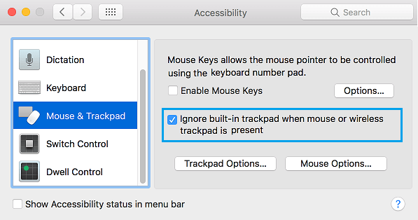 Параметр «Игнорировать встроенный трекпад, когда мышь или беспроводной трекпад присутствуют» на Mac 