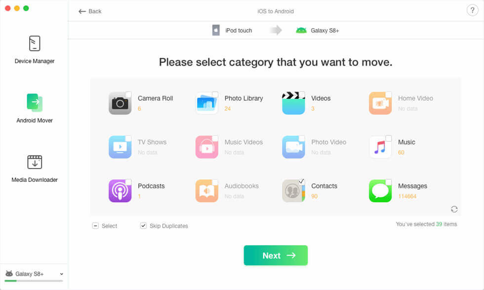 Выберите Android Mover и передайте данные