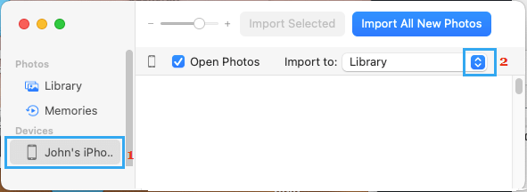 Выберите iPhone в приложении «Фото» на Mac