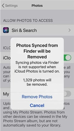 Фотографии, синхронизированные из Finder, будут удалены