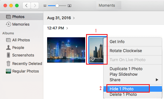 Скрыть одну фотографию в приложении Mac Photos