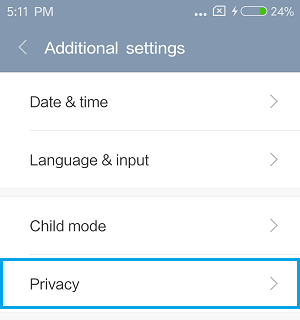 Вкладка конфиденциальности на телефоне Xiaomi