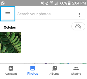 Трехстрочный значок меню в приложении Google Фото на телефоне Android