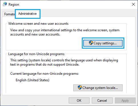 Скопируйте языковые настройки в учетные записи приветствия, системы и новых пользователей
