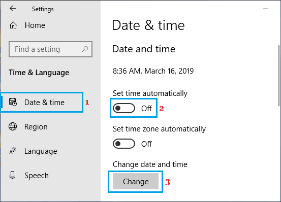 Изменить дату и время вручную в Windows 10