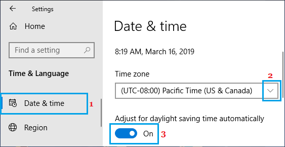 Установить часовой пояс в Windows 10