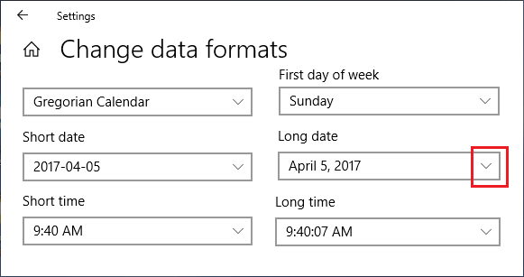 Экран изменения формата даты и времени в Windows 10