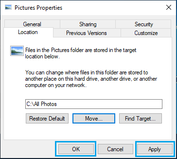 Переместить папку с изображениями в другое место на ПК с Windows