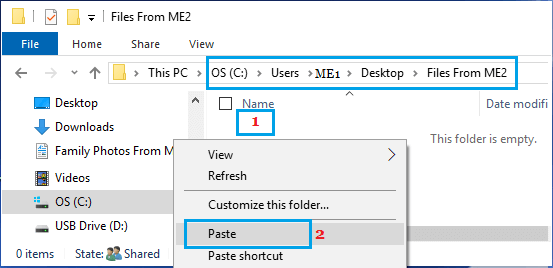 Вставить файлы в папку другой учетной записи пользователя