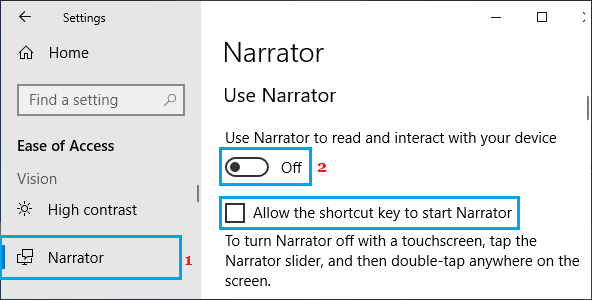 Отключить экранный диктор в Windows 10