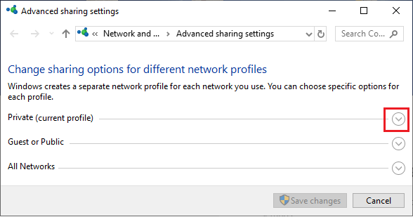 Откройте частную сеть на экране общего доступа к файлам Windows