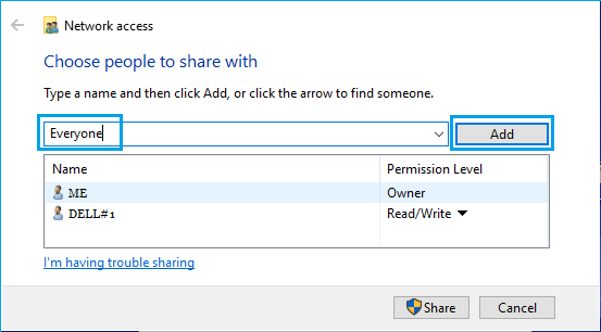 Добавить пользователя для обмена файлами на компьютере с Windows