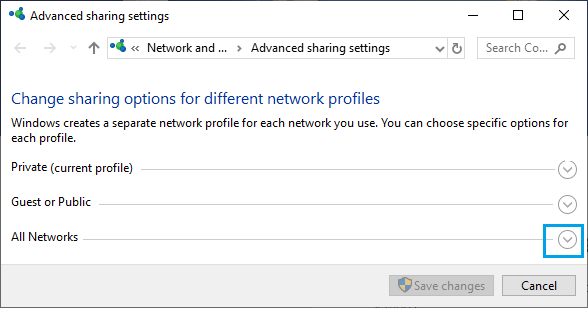 Открыть все сети на экране общего доступа к файлам Windows