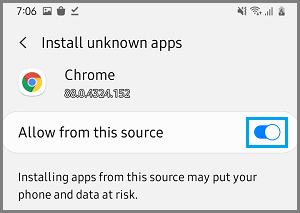 Разрешить Chrome устанавливать неизвестные приложения на телефон Samsung Android