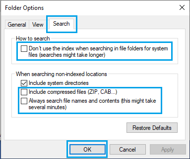 Вкладка поиска в параметрах папки Windows