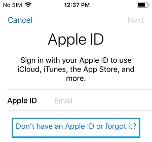 Опция «Не иметь или забыть Apple ID» на iPhone