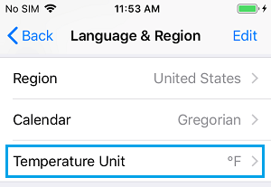 Параметр настройки единиц измерения температуры на iPhone