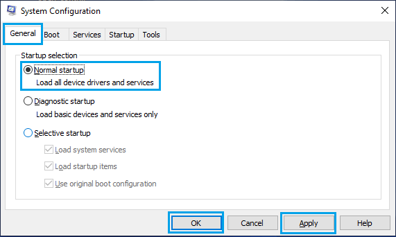 Вариант обычного запуска на экране конфигурации системы Windows