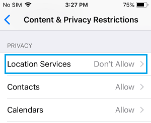 Опция геолокации Экран содержимого и конфиденциальности iPhone