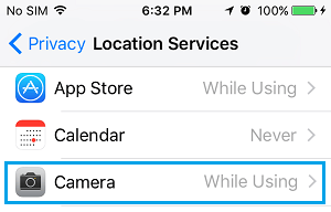 Приложение «Камера» на экране службы определения местоположения iPhone