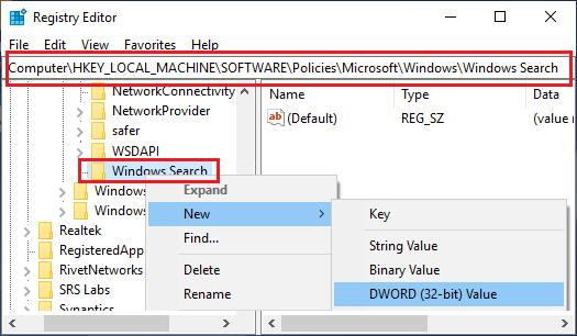 Создать новый DWORD в папке поиска Windows