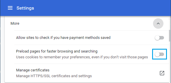 Отключить предварительную загрузку веб-страниц в Chrome