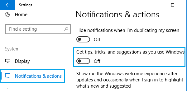 Отключите параметр «Получать советы, рекомендации и предложения при использовании Windows». 
