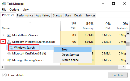Остановить службу поиска Windows в диспетчере задач