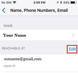 Изменить параметр электронной почты на iPhone