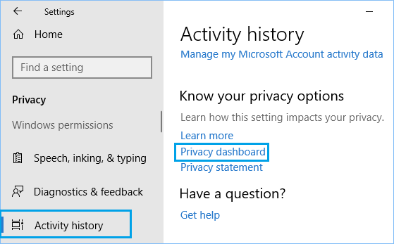 Ссылка на панель мониторинга конфиденциальности в Windows 10