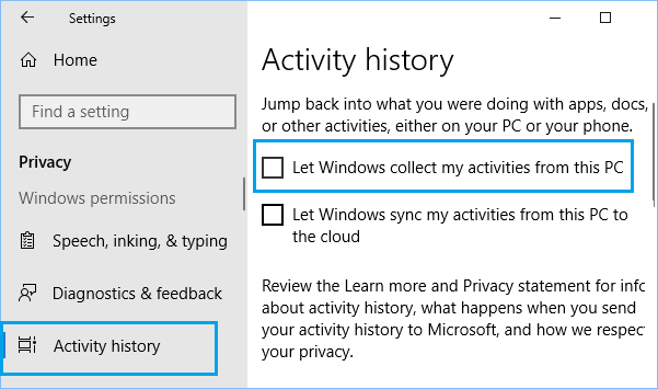 Запретить Windows 10 собирать историю активности на этом ПК