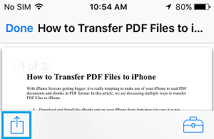 Значок общего доступа к документу PDF на iPhone